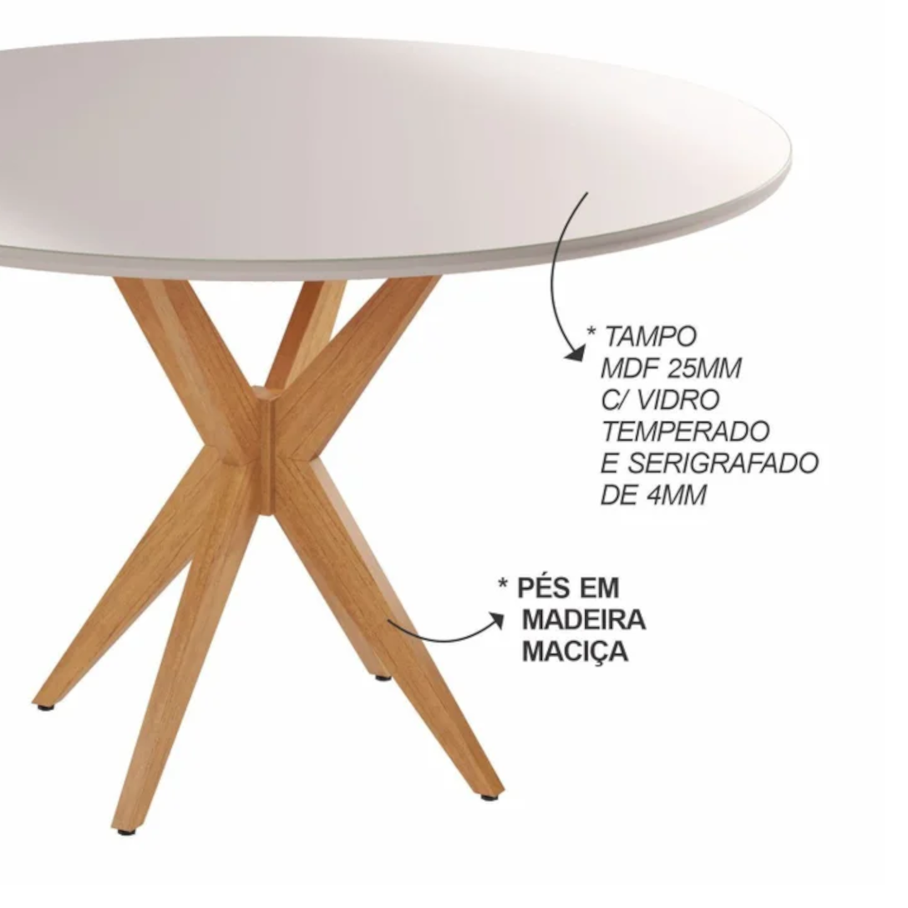 MESA SIMPATIA CANDIAN 1.08 X 1.08M - REDONDA - TAMPO VIDRO - PES MADEIRA MACICA