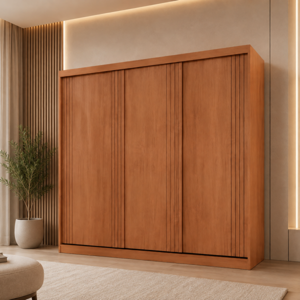 Roupeiro Oslo com 3 Portas de correr e 4 Gavetas – 100% MDF – 1.80 X 2.08 X 0.47 – Naturale