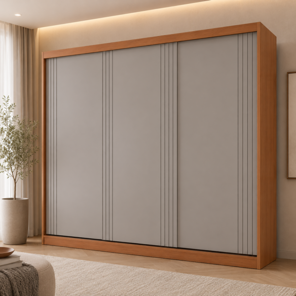 Roupeiro Oslo com 3 Portas de correr e 4 Gavetas - 100% MDF - 1.80 X 2.08 X 0.47 - Naturale / Off White