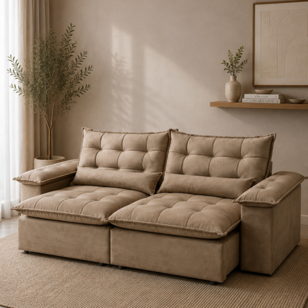 Sofá Retrátil e Reclinável Níger Veludo Premium Capuccino - 2,50m - Molas ensacadas / Sem caixa