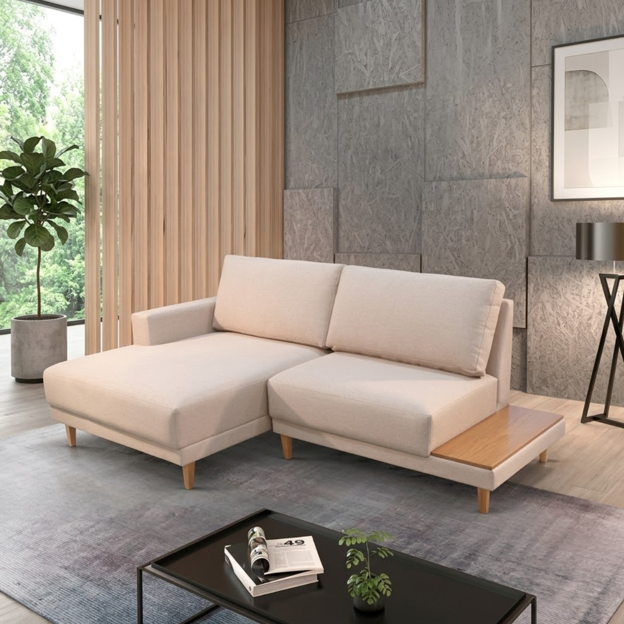 Sofá 824 com Chaise - Com Mesa Lateral - 2.30m - Tecido Bouclê Croácia - Imagem 2