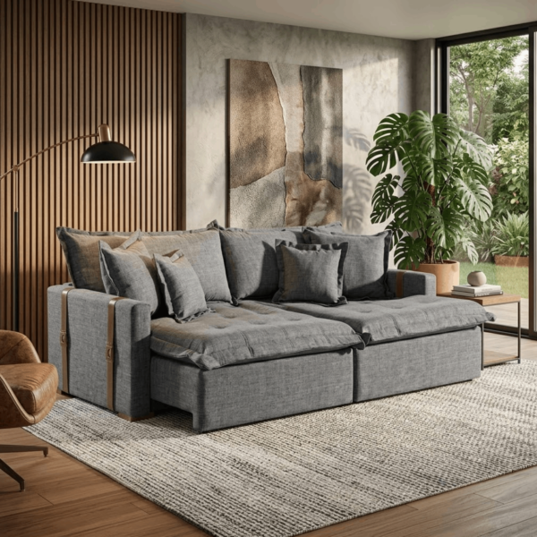 Sofá Cama Mônaco 2.20m – Linho Cinza com Cinto Marrom